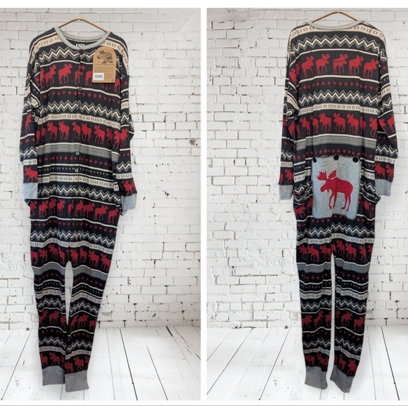 Lazy One Flap Jacks Moose Fair Isle One Piece Pajamas Adult Unisex - Picture 1 of 10